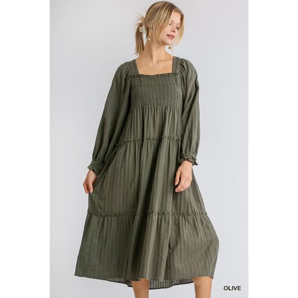 Ruffle Cuffed Long Sleeve Square Neckline Smocked Peasant Midi Dress - Picture 2 of 7